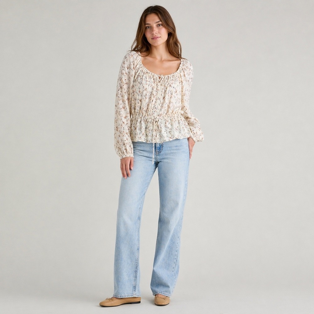 Melrose and Market Floral Peplum Long Sleeve Blouse Cream Yellow Small